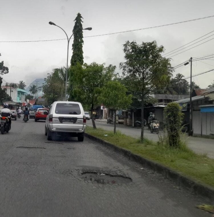 MEMBAHAYAKAN PENGENDARA-Banyaknya lubang-lubang yang ada di ruas Jalan Muhammad Hatta,  sangat membahayakan bagi pengendara yang melintas.