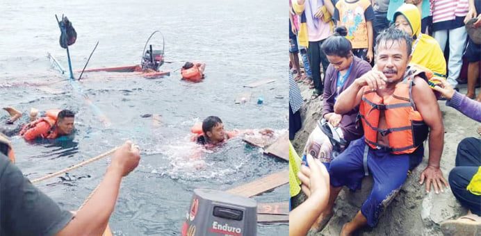 PROSES EVAKUASI— Tim SAR gabungan melakukan evakuasi terhadap nelayan bernama Syafrudin yang sempat terombang-ambing di tengah laut gara-gara perahunya terbalik.