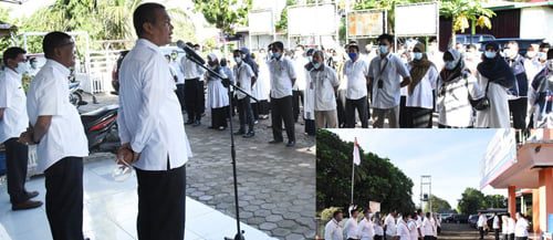 APEL PAGI—Wako Pariaman Genius Umar ingatkan ASN untuk meningkatkan disiplin saat memimpin apel pagi bersama ASN, kemarin.