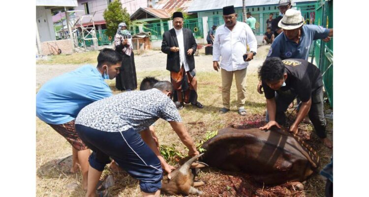 Mushalla Al-Mukhlisin Komplek Perumahan Villa Mega Kelurahan Mata Air, Kecamatan Padang Selatan, Kota Padang melaksanakan penyembelihan hewan kurban, Selasa (20/7).