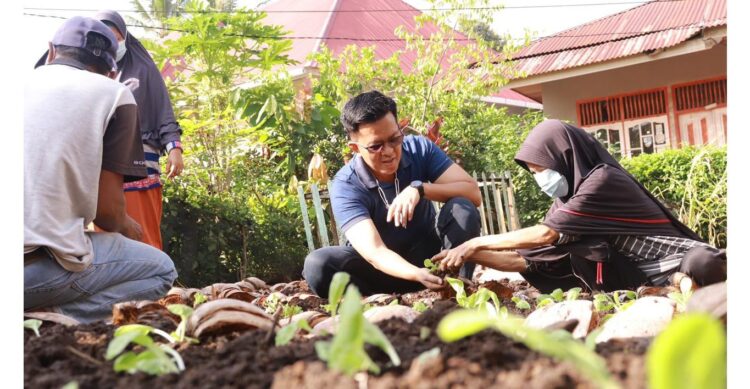 MANFAATKAN LAHAN TIDUR— Wawako Erwin Yunaz mendukung kegiatan masyarakat yang manfaatkan lahan tidur untuk menopang bahan pangan keluarga.