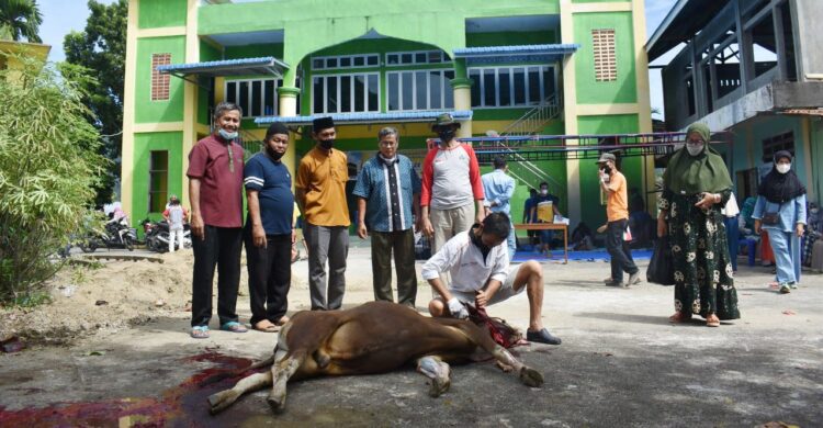SAKSIKAN—Ketua Panitia Kurban Masjid Baitul Makwa  Muslim didamping Basrudin, Bendahara Panitia Kurban dan Ketua Pengurus Masjid Syafri M dan Firzon, tokoh masyarakat Komplek Permata Harbaindo Pampangan, saksikan pemotongan hewan kurban.