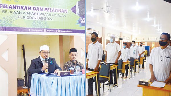 PELANTIKAN KETUA— Badan Pengelola Wakaf (BPW) Ar Risalah H. Firman Bahar, Lc melantik relawan wakaf periode 2021-2022, Kamis (12/8).
