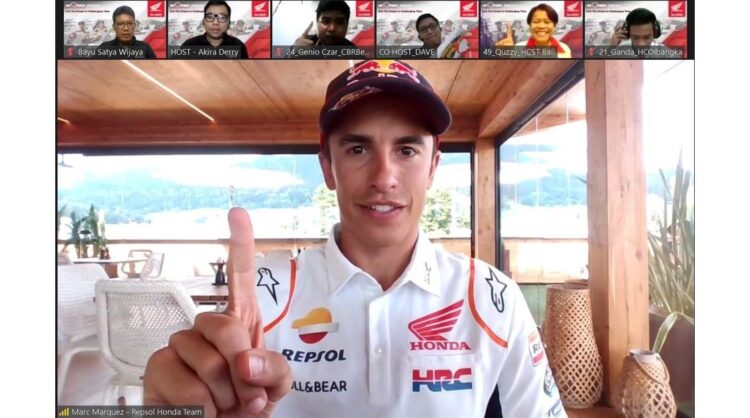 BERIKAN KEJUTAN-Pebalap dunia MotoGP, Marc Marquez memberikan kejutan dan menyampaikan semangat bagi para bikers Honda di Tanah Air melalui kehadirannya pada acara silahturahmi virtual Ngobrol Online Seputar Komunitas atau NGOPREK.