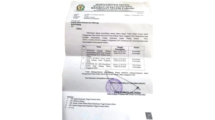 PEMANGGILAN—Surat pemanggilan dari Kejari Padang kepada pihak Dispora Padang, mantan Ketua KONI Padang dan bendahara KONI Padang.