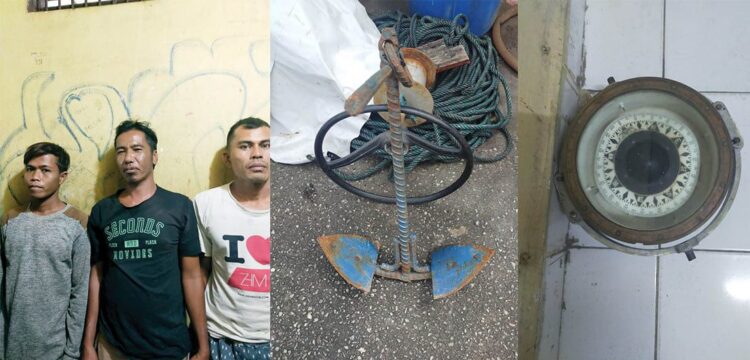 MENCURI DI KAPAL— Tiga nelayan diamankan jajaran Polsek Koto Tangah atas kasus pencurian peralatan dari kapal yang terdampar.