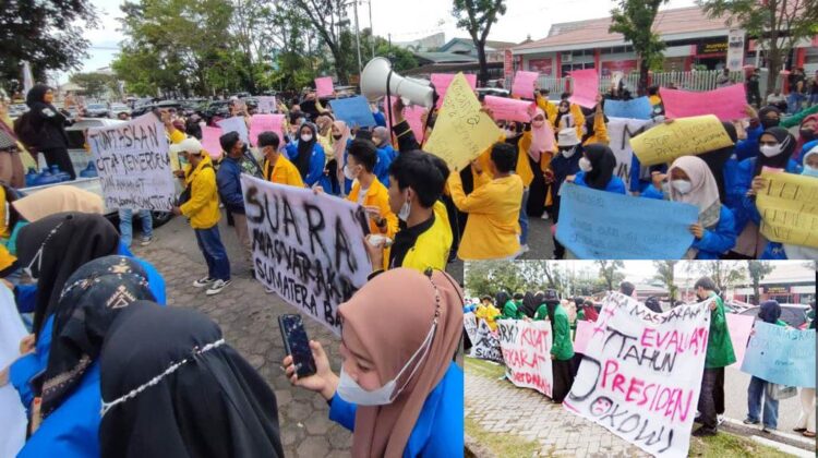 DEMONSTRASI— Massa tergabung dalam aliansi BEM-SB melakukan aksi demonstrasi di depan gedung DPRD Sumbar, Jumat (22/10) untuk menyampaikan aspirasi terkait evaluasi kinerja Presiden Jokowi tujuh tahun kebelakang.
