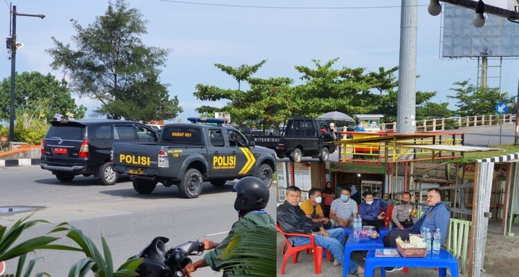PERKETAT PENGAMANAN PANTAI— Aparat kepolisian melakukan patroli dan meningkatkan keamanan di kawasan Pantai Padang setelah video seorang preman yang meminta uang parkir kepada pengunjung dan terlibat perkelahian viral, Sabtu (23/10) malam. Sementara Dinas Pariwisata dan pihak terkait lainnya, Minggu (24/10) melakukan rapat koordinasi dengan kepolisian, Koramil untuk menangkap pelaku berinisial Z, warga Purus.