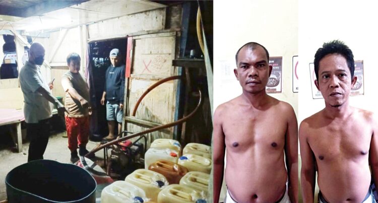 BBM BERSUBSIDI— Polsek Koto Tangah mengamankan dua terduga pelaku penimbunan BBM bersubsidi jenis solar di kawasan Air Pacah, Kamis (30/9) malam.