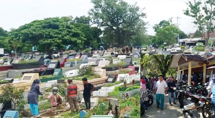 PENGURUSAN MAKAM— Warga Kota Padang ramai mengunjungi UPTD Pemakaman di TPU Tunggul Hitam, Kamis (28/10) untuk melakukan pengurusan makam dan pembayaran. (inset) Pengumuman ditempelkan pihak UPTD untuk batas pembayaran tunggakan makam oleh keluarga atau pihak ahli waris.