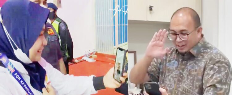 UCAPKAN SELAMAT— Ketua FORKI Sumbar Andre Rosiade memberikan semangat dan selamat dengan melakukan video call langsung dengan peraih perak Fadila Rahmi.