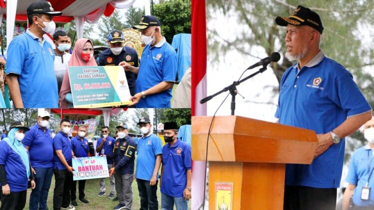 SAMBUTAN—Gubernur Sumatera Barat H Mahyeldi Ansyarullah berikan sambutan saar acara BBKT dan BBKS, kemarin.
