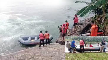 PENCARIAN— Tim SAR gabungan menurunkan perahu karet untuk menari korban Deri (26)yang hilang saat menjaring ikan di bendungan Tanah Bakali, 
Kampung Lubuk Ubai, Nagari Tanah Bekali, Kecamatan Airpura.