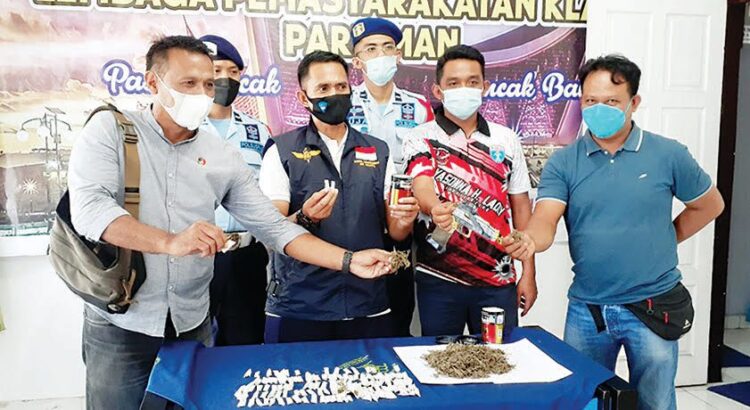 BARANG BUKTI—Kalapas klas II B Pariaman Eddy Junaedi didampingi Anggota Satresnarkoba Polres Pariaman perlihatkan Barang Bukti (BB) ganja yang diamankan dari tiga orang tahanan Lapas, Jumat (22/10).