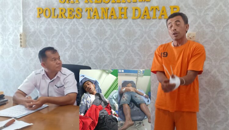PELAKU DITANGKAP— Pelaku Jalius Efendi (49) yang tega menikam dua mamak rumahnya diamankan di Mapolres Tanahdatar dengan barang bukti sebilah pisau.