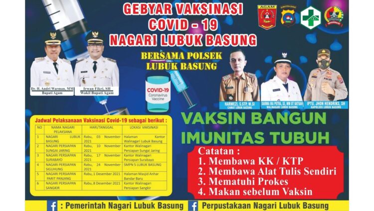 VAKSINASI— Pemerintah Nagari Lubuk Basung, Kecamatan Lubuk Basung, Kabupaten Agam, berkomitmen terus memperluas cakupan vaksinasi dalam mempercepat penguatan herd immunity.