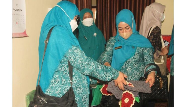 TINJAU—Ketua TP PKK Pusat meninjau kerajinan kapalo samek.