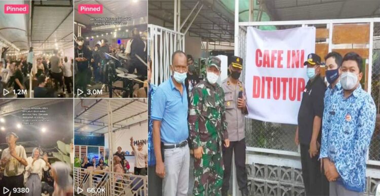 SEGEL KAFE— Petugas Satpol PP Kota Padang menyegel kafe penyedia live music di kawasan Jalan Diponegoro. Kafe MCE berstatus illegal atau tak ada izin, namun tetap beroperasi dan juga melanggar prokes Covid-19.