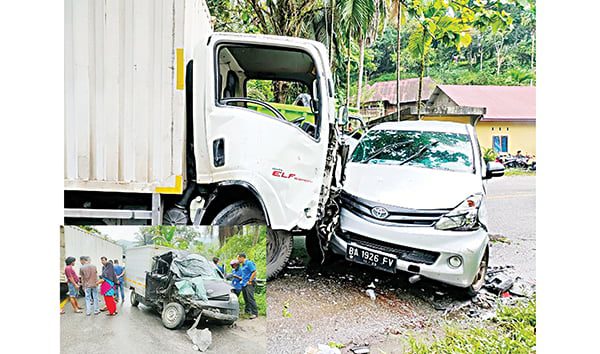 KECELAKAAN— Truk box yang menabrak dua kendaraan di Batang Pamo, Nagari Pianggu, Kecamatan IX Koto Sungai Lasi, Kabupaten Solok.