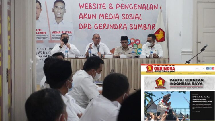 LAUNCHING— Ketua DPD Gerindra Sumbar Andre Rosiade bersama Sekretaris DPD Evi Yandri Rajo Budiman dan Bendahara DPD Gun Sugianto, saat launching website Partai Gerindra Sumbar dan perkenalan sejumlah akun media sosial (medsos) di berbagai platform, Selasa (21/12) malam, di kantor DPD Gerindra Sumbar.