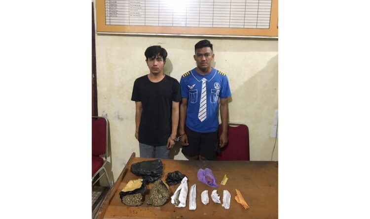 PENGEDAR GANJA— Pelaku IW (23) dan RM (24) ditangkap jajaran Satresnarkoba Polres Padangpariaman dengan bukti delapan paket ganja siap edar.
