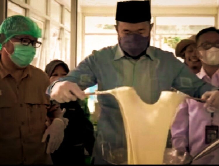 PRAKTIKKAN—Wali Kota Padangpanjang Fadly Amran mencoba mempraktikkan pengolahan susu saja jadi keju mozarella.