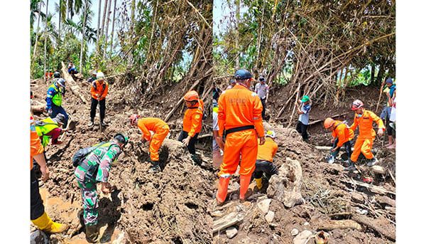 PENCARIAN— Tim gabungan masih terus melakukan pencarian 4 korban yang hilang tertimbun longsor yang dipicu gempa bumi berkekuatan 6,1 SR