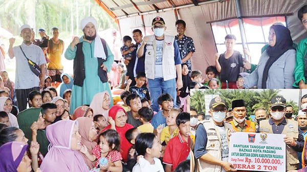 ANTARKAN BANTUAN— Wako Hendri Septa bersama Ustaz Derry Sulaiman mengunjungi anak-anak yang tinggal di tenda pengungsian, saat mengantarkan langsung bantuan untuk korban gempa Pasaman, Kamis (3/3).