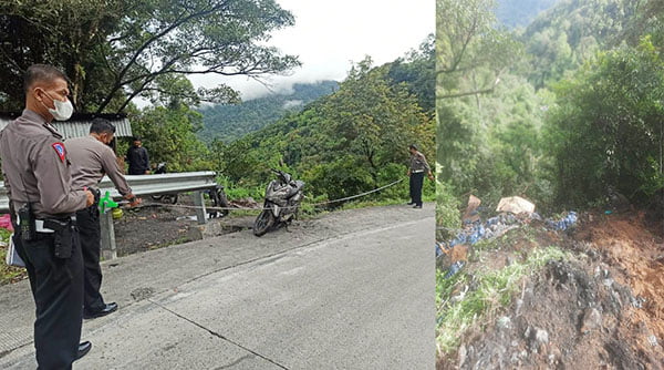 Alami Rem Blong di Sitinjau Lauik, Truk Bermuatan Galon Tabrak Pemotor lalu Terjun ke Jurang 1 MASUK JURANG— Kondisi truk masuk jurang dan galon berserakan usai menabrak sepeda motor di Kawasan Sitinjau Lauik, Kecamatan Lubuk Kilangan.