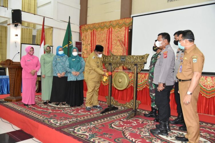 PENCANANGAN— Bupati Padangpariaman Suhatri Bur meresmikan pencanangan Bulan Bhakti Dasawisma ke-6 dan Bulan Bhakti Gotong Royong Masyarakat (BBGRM) ke-19 tingkat Kabupaten Padangpariaman tahun 2022.