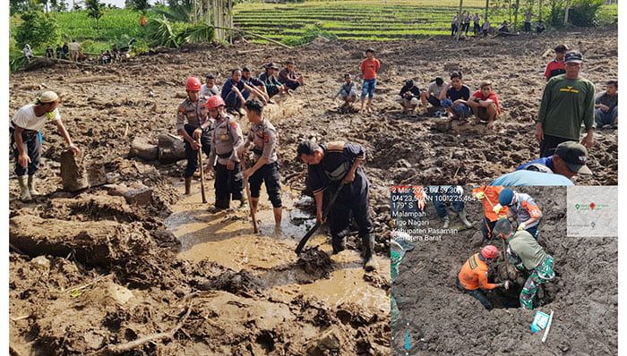 PENCARIAN— Tim gabungan Basarnas, TNI, Polri, relawan hingga masyarakat setempat masih terus melakukan pencarian terhadap empat warga Malampah, Kecamatan Tigo Nagari, Kabupaten Pasaman yang hilang tertimbun longsor yang dipicu gempa bumi.