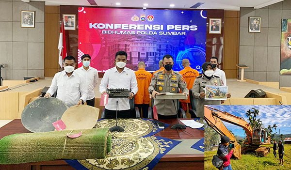 3 Lokasi Tambang Emas Ilegal di Kabupaten Sijunjung dan Kabupaten Pasaman Digerebek, Beroparasi Menggunakan Ekskavator, 4 Operator Alat Berat dan Pengawas Lapangan Diringkus 1 PERLIHATKAN BUKTI— Kabid Humas Polda Sumbar, Kombes Pol Satake Bayu dan Dirreskrimsus Kombes Pol Adip Rojikan memperlihatkan barang bukti pengungkapan kasus tambang emas ilegal dengan empat orang tersangka.