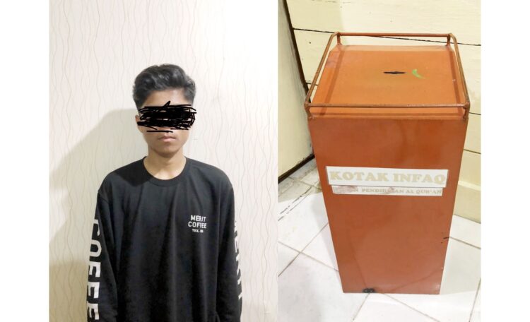CURI KOTAK AMAL— Pelaku YS (17) diamankan di Mapolsek Tanjung Raya karena kasus pencurian uang kotak amal masjid.
