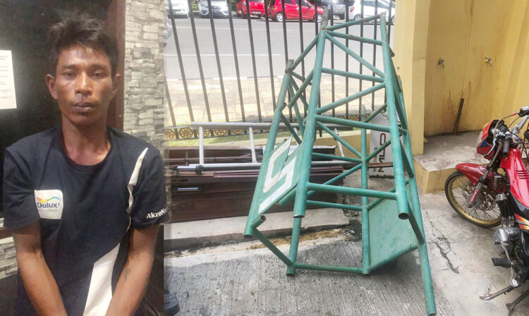 Nekat Potong Besi Konstruksi Pelampung Suar Navigasi Teluk Bayur, Nelayan Ditangkap 1 PENCURI BESI— Kepergok hendak mencuri besi konstruksi pelampung suar navigasi teluk bayur, Roni Hamdani (38) terpaksa harus berurusan dengan tim Klewang.