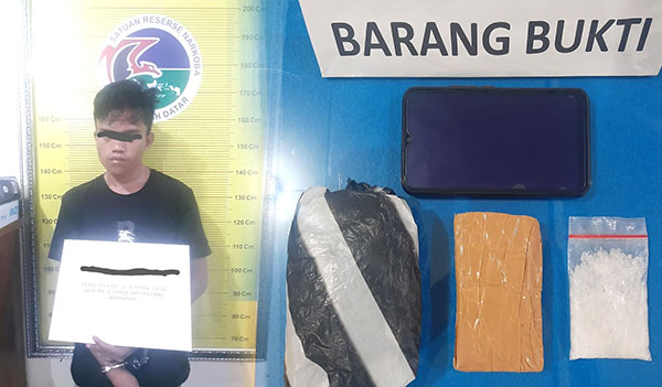 PENGEDAR SABU— Pelaku AP alias TB bersama barang bukti sabu sudah diamankan di Mapolres Taahdatar usai ditangkap.