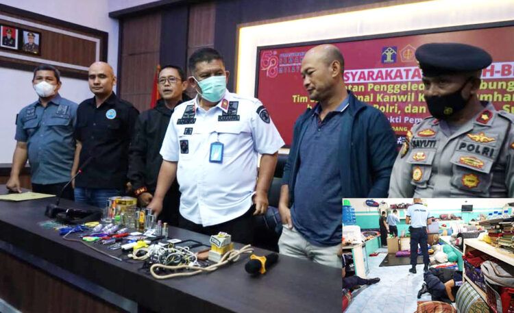 PENGGELEDAHAN— Tim Gabungan melakukan penggeledahan di kamar hunian Warga Binaan Pemasyarakatan (WBP), Lapas Kelas IIA, Kamis (21/4) malam. Petugas masih menemukan sejumlah barang terlarang, seperti benda tajam, handphone dan lainnya.
