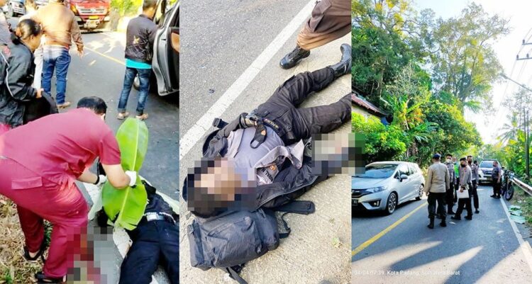 KECELAKAAN— Kondisi pengendara sepeda motor Yamaha Mio yang tewas usai adu kambing dengan Yamaha Vixion yang dikendarai oleh Polisi di Jalan Padang-Painan KM 14, Kelurahan Bungus Barat, Kecamatan Bungus Teluk Kabung (Bungtekab).