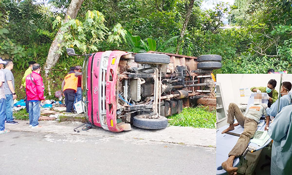 TRUK SAMPAH— Tak kuat menanjak, satu truk pengangkut sampah terbalik hingga menyebabkan satu orang petugas kebersihan tewas dan dua lainnya mengalami luka.