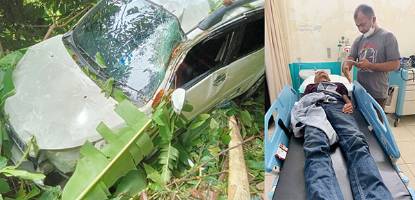 KECELAKAAN TUNGGAL— Kondisi mobil yang dikemudikan Wakil Ketua DPRD Agam Irfan Amran usai menabrak pohon dan masuk jurang di Kabupaten Pasaman. Akibat insiden itu, Irfan Amran dan istri mengalami luka-luka.