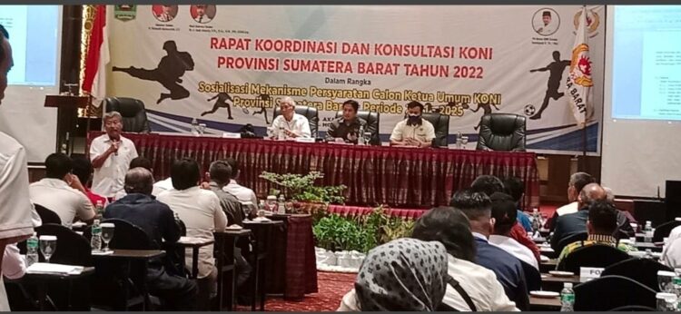 RAKOR— KONI Sumbar menggelar rakor dan konsultasi sosialisasi mekanisme kriteria persyaratan calon ketua KONI Sumbar periode 2021 - 2025.