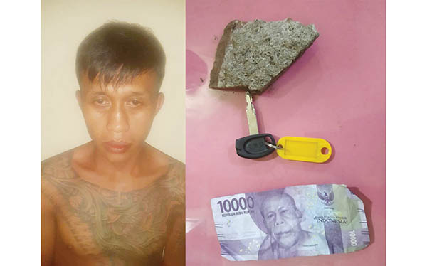PEMALAKAN— Pelaku Defiardi alias Dukun ditangkap jajaran Polsek Nanggalon lantaran nekat melakukan pemalakan terhadap pemotor dan mengancam memukul korban dengan pecahan tembok.
