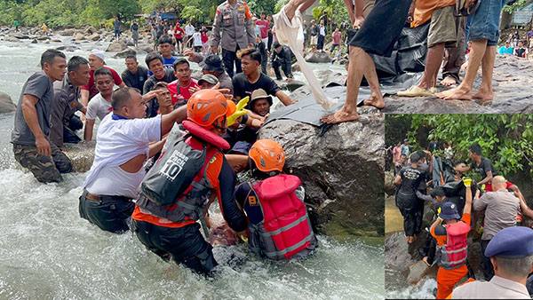 HANYUT— Tim SAR gabungan mengevakuasi jenazah dua siswa SMKN 5 Padang yang ditemukan tersangkut di bebatuan. Sedangkan satu lagi masih dilakukan pencarian.