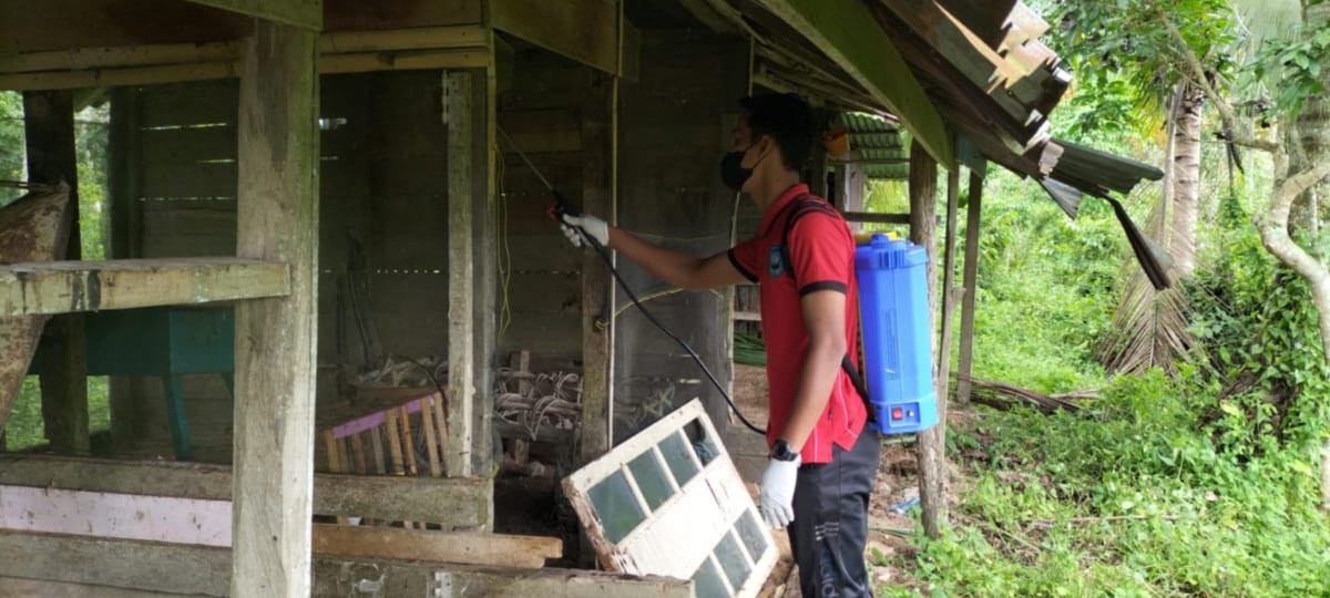 Melakukan penyemprotan dengan disinfektan guna mengantisipasi penyalit mulut dan kuku PMK