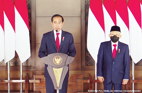 Misi Jokowi Menemui Presiden Rusia Putin dan Ukraina Zelenskyy 1 DAMPINGI— Presiden Joko Widodo didampingi Wakil Presiden Maruf Amin saat memberikan keterangan pers, Minggu (26/6).