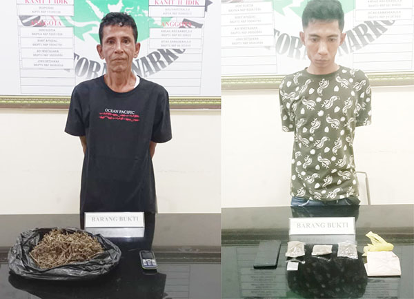 GANJA— Dua pelaku RS bersama E yang berperan sebagai pemasok dan pengedar ganja ditangkap jajaran Satresnarkoba Polres Agam.