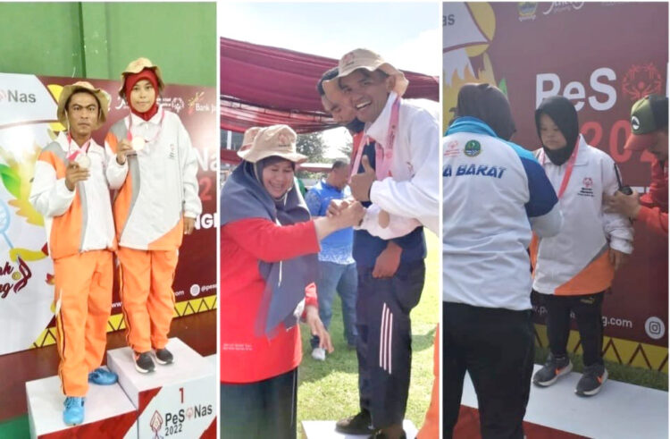 KALUNGKAN MEDALI— Empat Atlet Special Olimpic Indonesia (Solna) Bukittinggi menyumbangkan medali dalam ajang Pekan Special olimpic Nasional (Pesonas) 2022 di Semarang, Jawa Tengah.