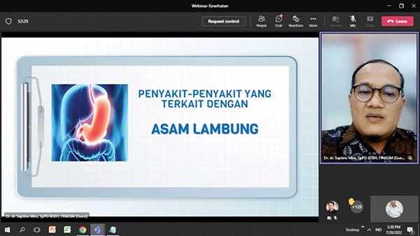 WEBINAR KESEHATAN— Dokter spesialis penyakit dalam dari Semen Padang Hospital,  Dr. dr. Saptino Miro Sp.PD-KGEH, FINASIM menjadi narasumber dengan tema “Penyakit-penyakit terkait dengan Asam Lambung”.