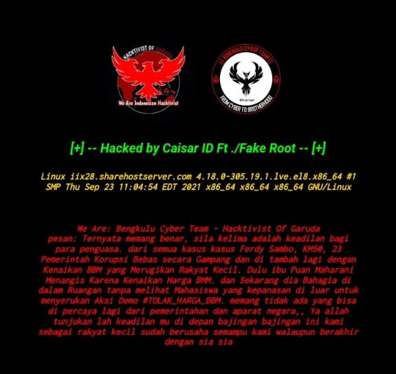 DIRETAS—Screenshoot tampilan layar pada situs resmi Bawaslu Sijunjung yang diretas. 