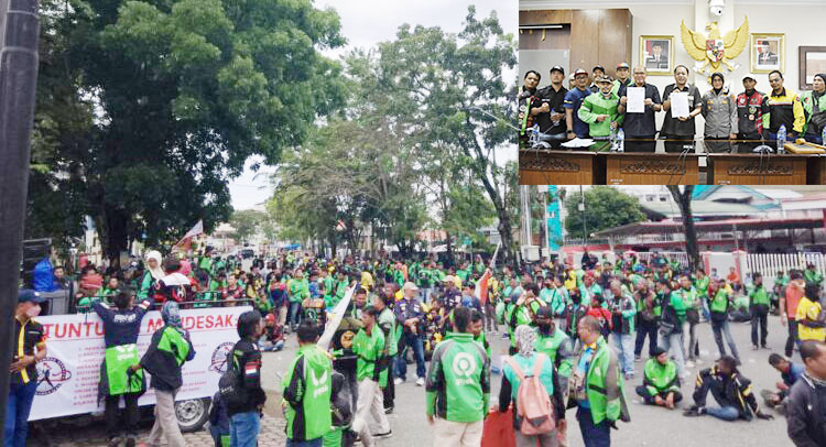 UNJUK RASA— Ratusan Ojol di Padang melakukan aksi unjuk rasa di DPRD Sumbar menolak kenaikan harga BBM.