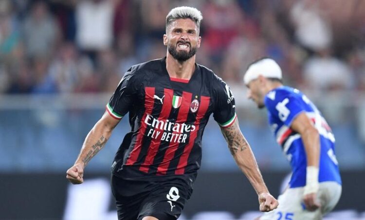 Sampdori 1 VS 2 AC Milan, Penalti Giroud Menangkan Rossoneri 1 SELEBRASI-Oliver Giroud melakukan selebrasi usai berhasil mencetak gol lewat titik putih ke gawang Sampdoria yang sekaligus menjadi penentu kemenangan tim tim atas tuan rumah.
